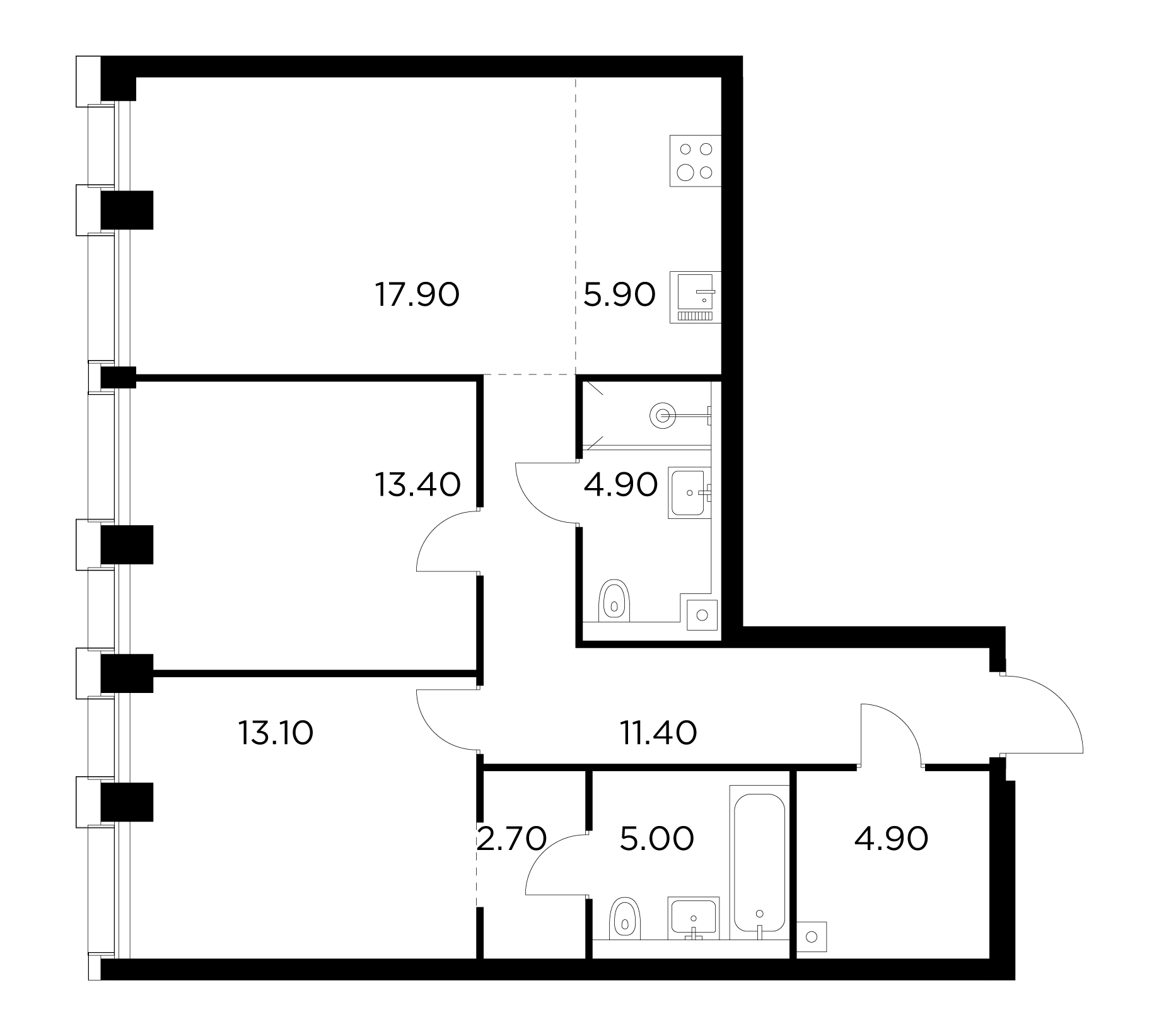 3 комн. квартира, 79.2 м², 2 этаж 