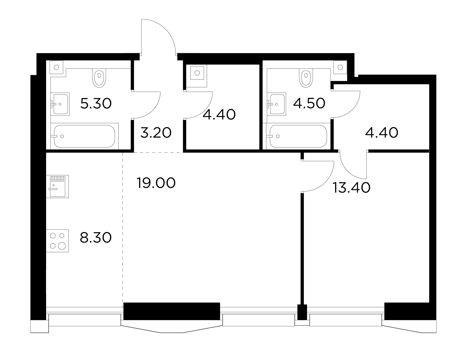 1 комн. квартира, 62.5 м², 30 этаж 