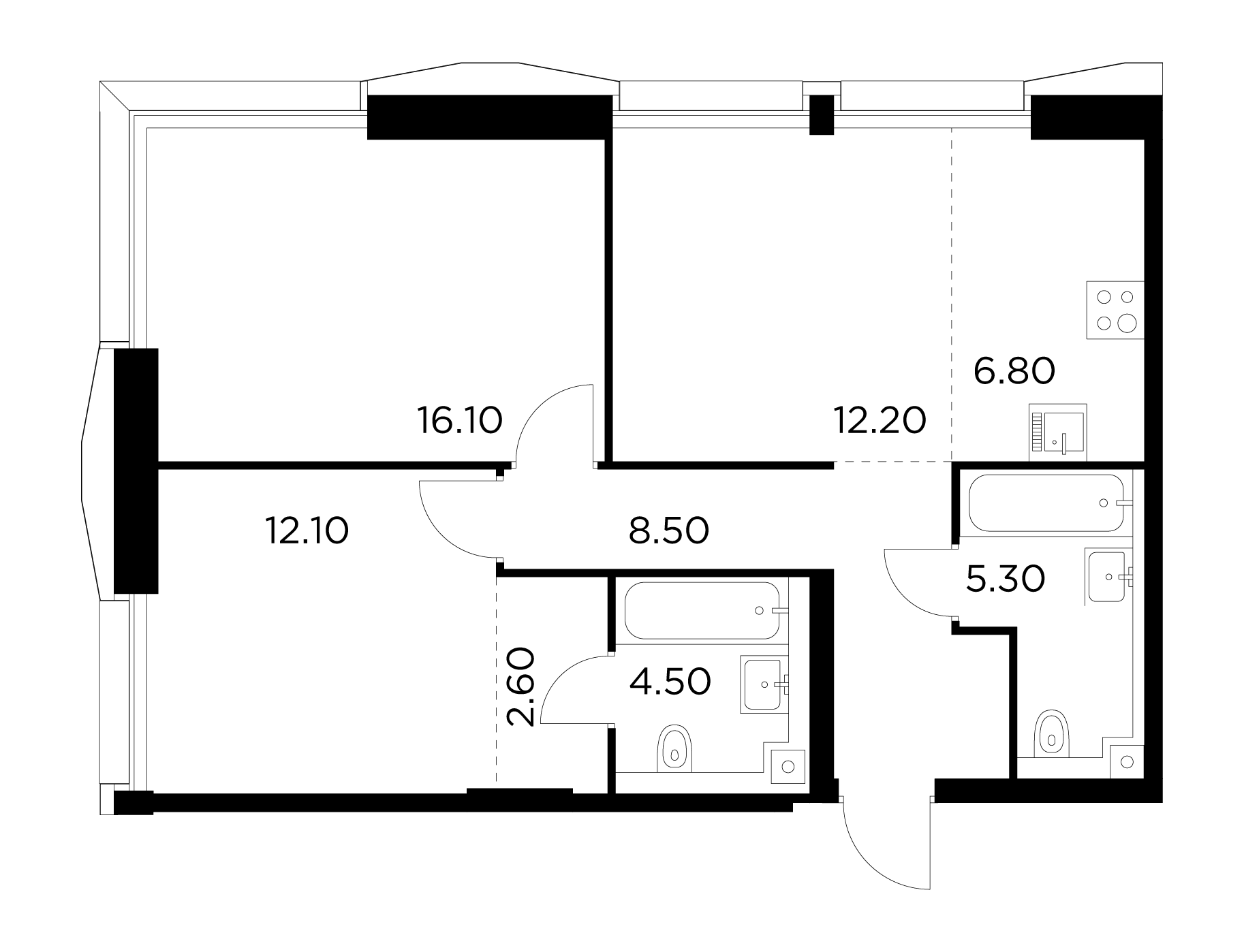 3 комн. квартира, 68.1 м², 15 этаж 