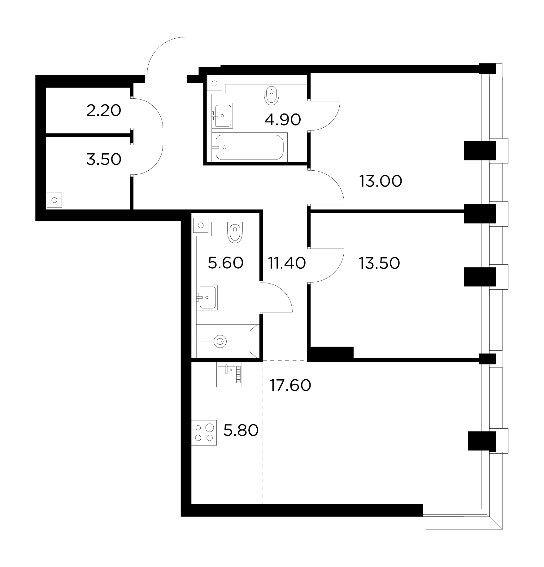 3 комн. квартира, 77.5 м², 3 этаж 