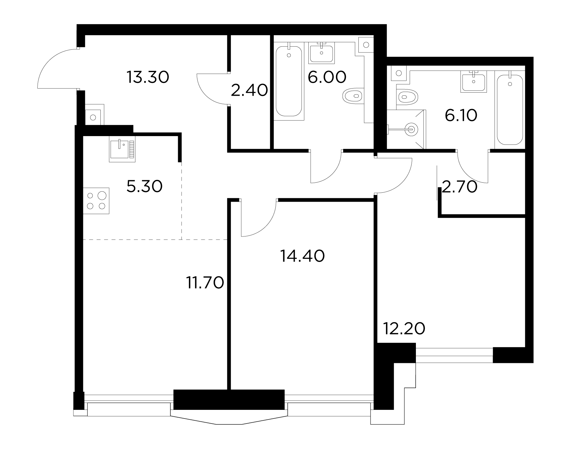 3 комн. квартира, 74.1 м², 16 этаж 