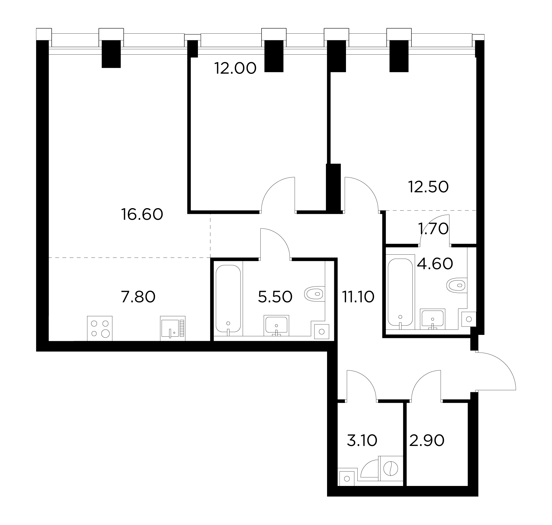 3 комн. квартира, 77.8 м², 9 этаж 