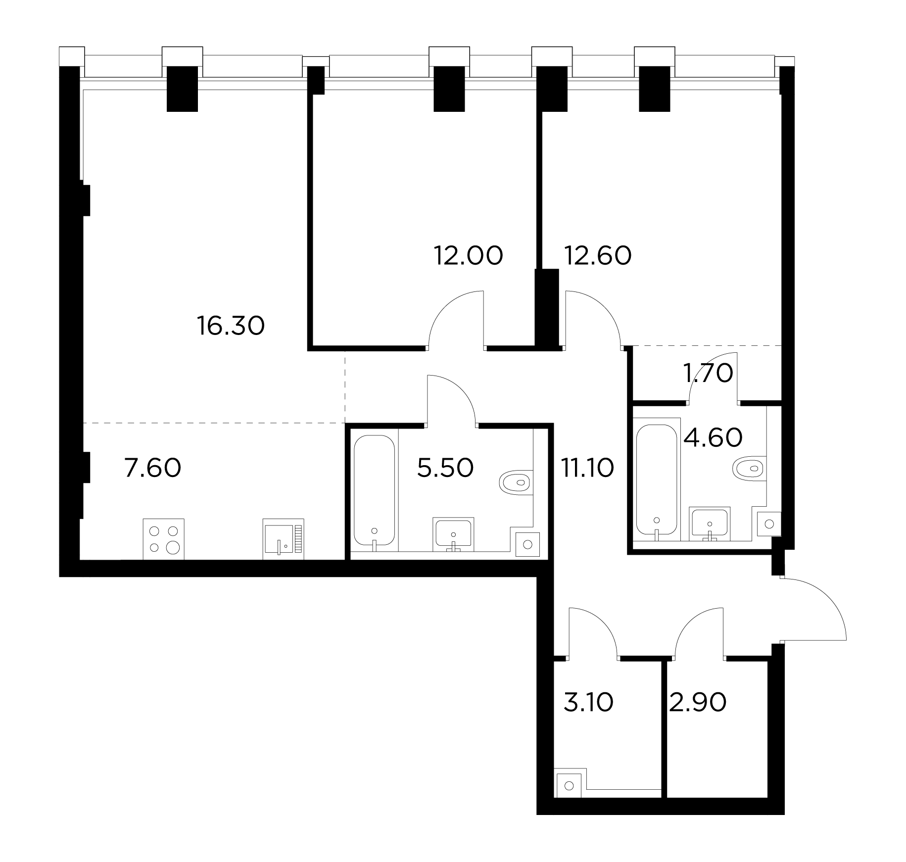 3 комн. квартира, 77.4 м², 13 этаж 