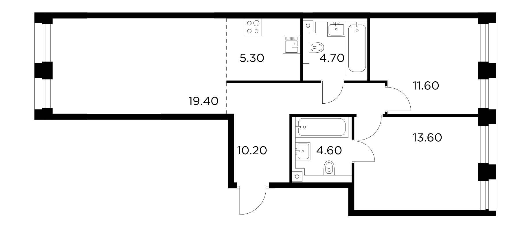 3 комн. квартира, 69.4 м², 3 этаж 