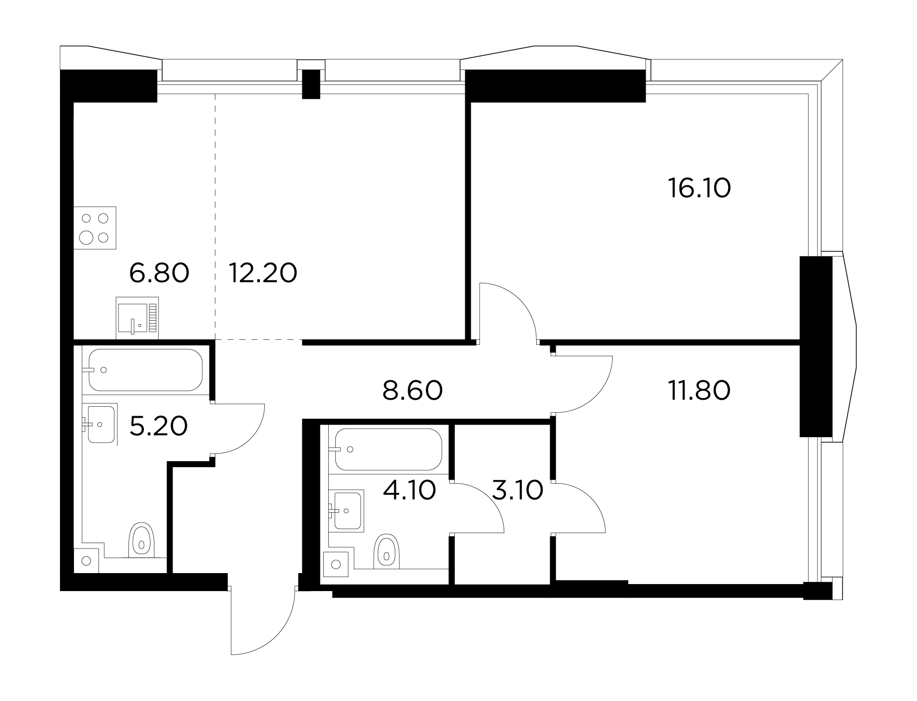 3 комн. квартира, 67.8 м², 29 этаж 