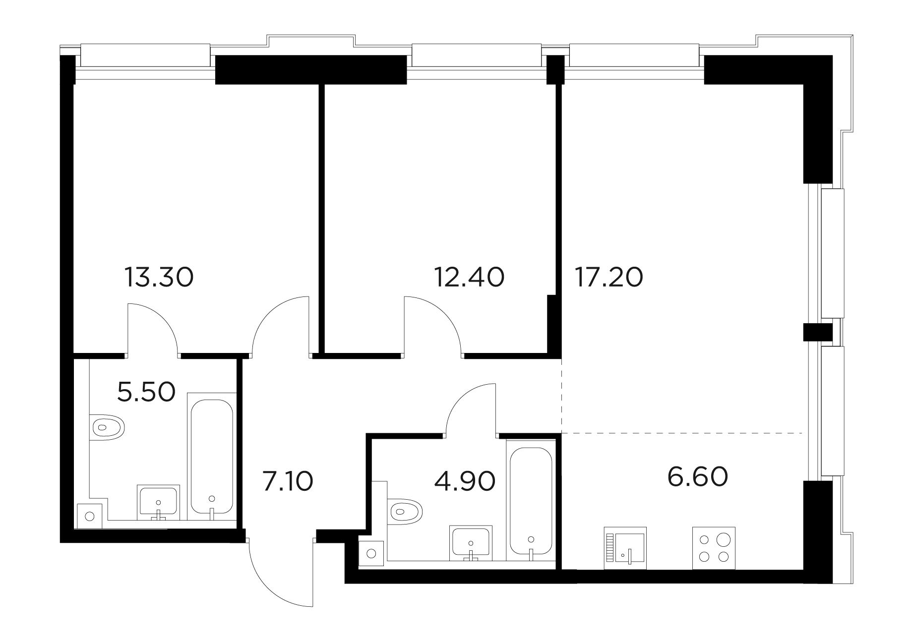 3 комн. квартира, 67 м², 12 этаж 
