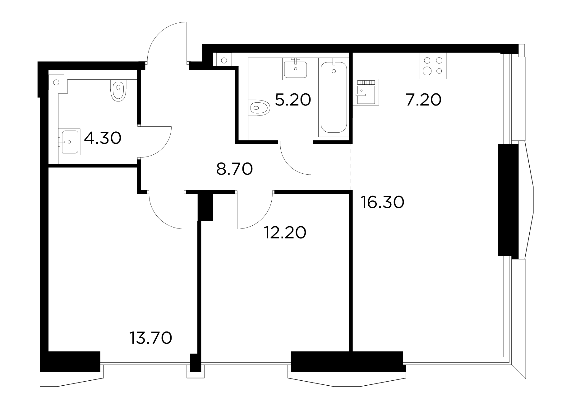 3 комн. квартира, 67.5 м², 29 этаж 