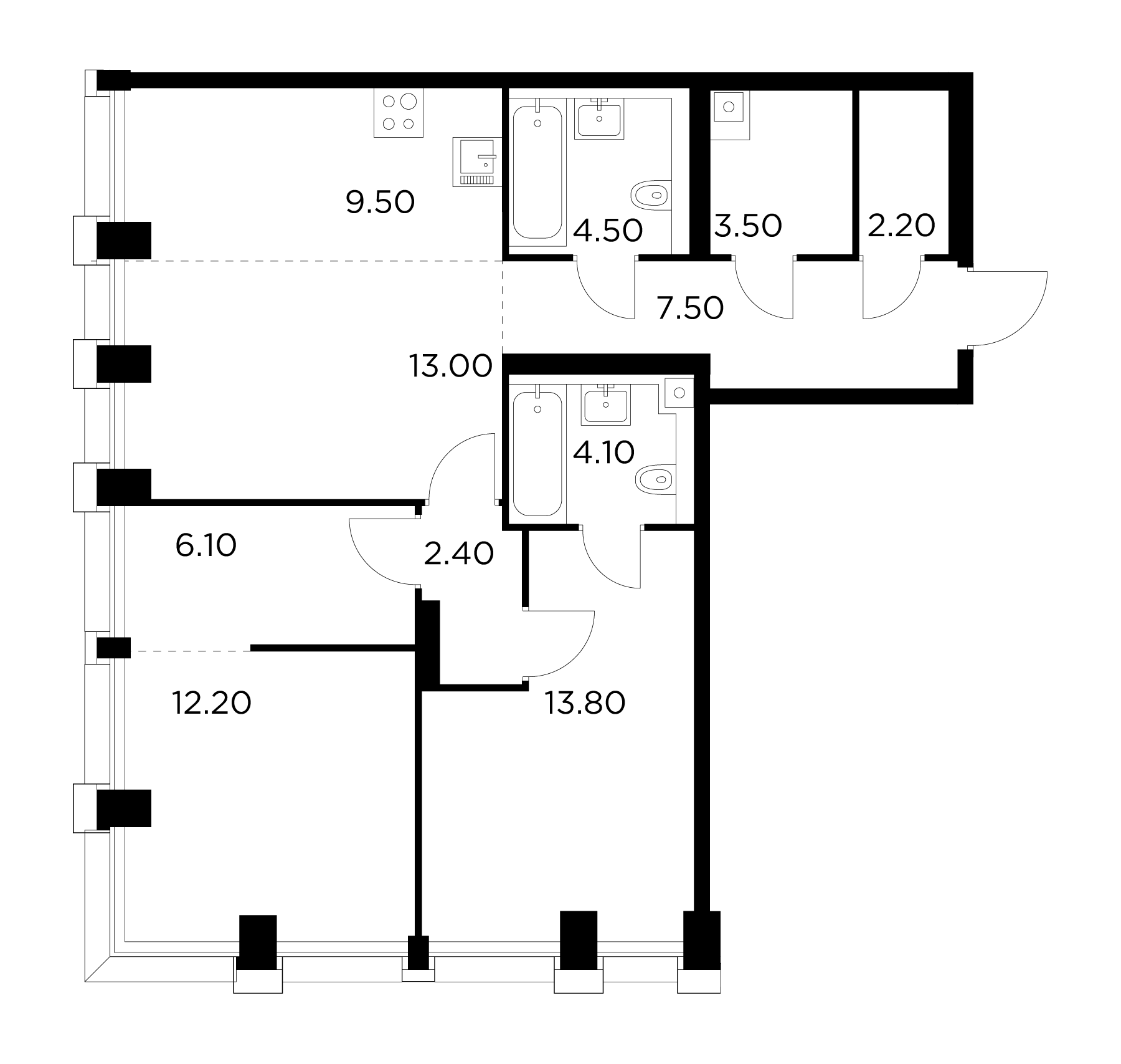 3 комн. квартира, 78.8 м², 12 этаж 