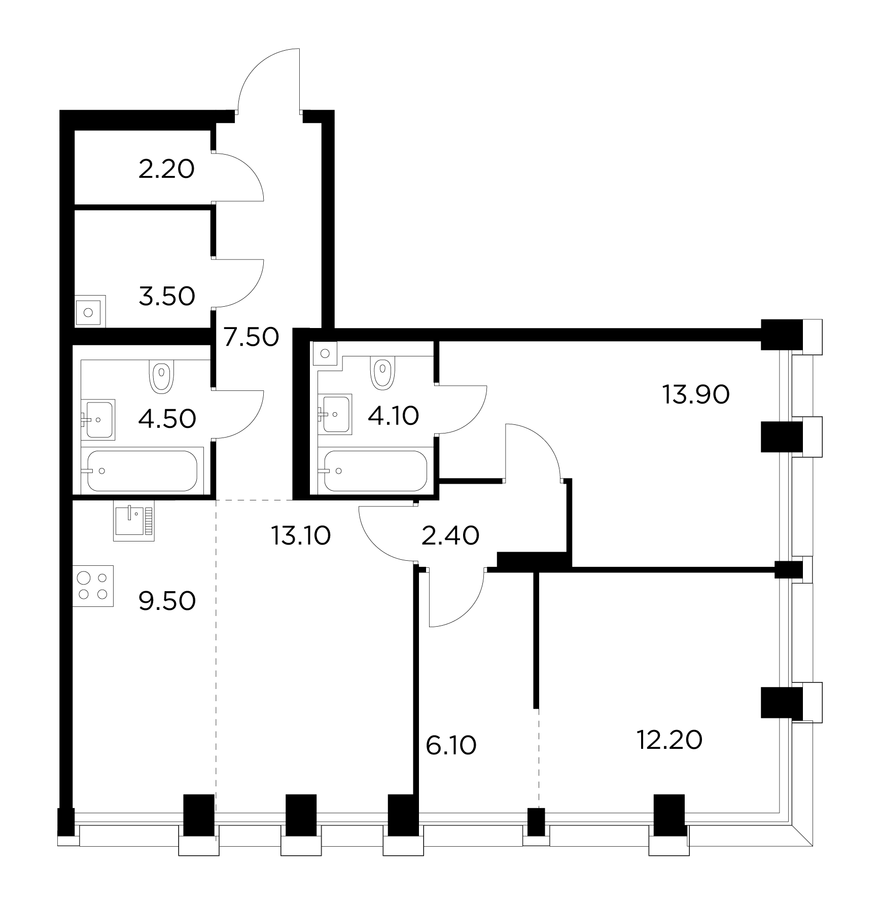 3 комн. квартира, 79 м², 22 этаж 
