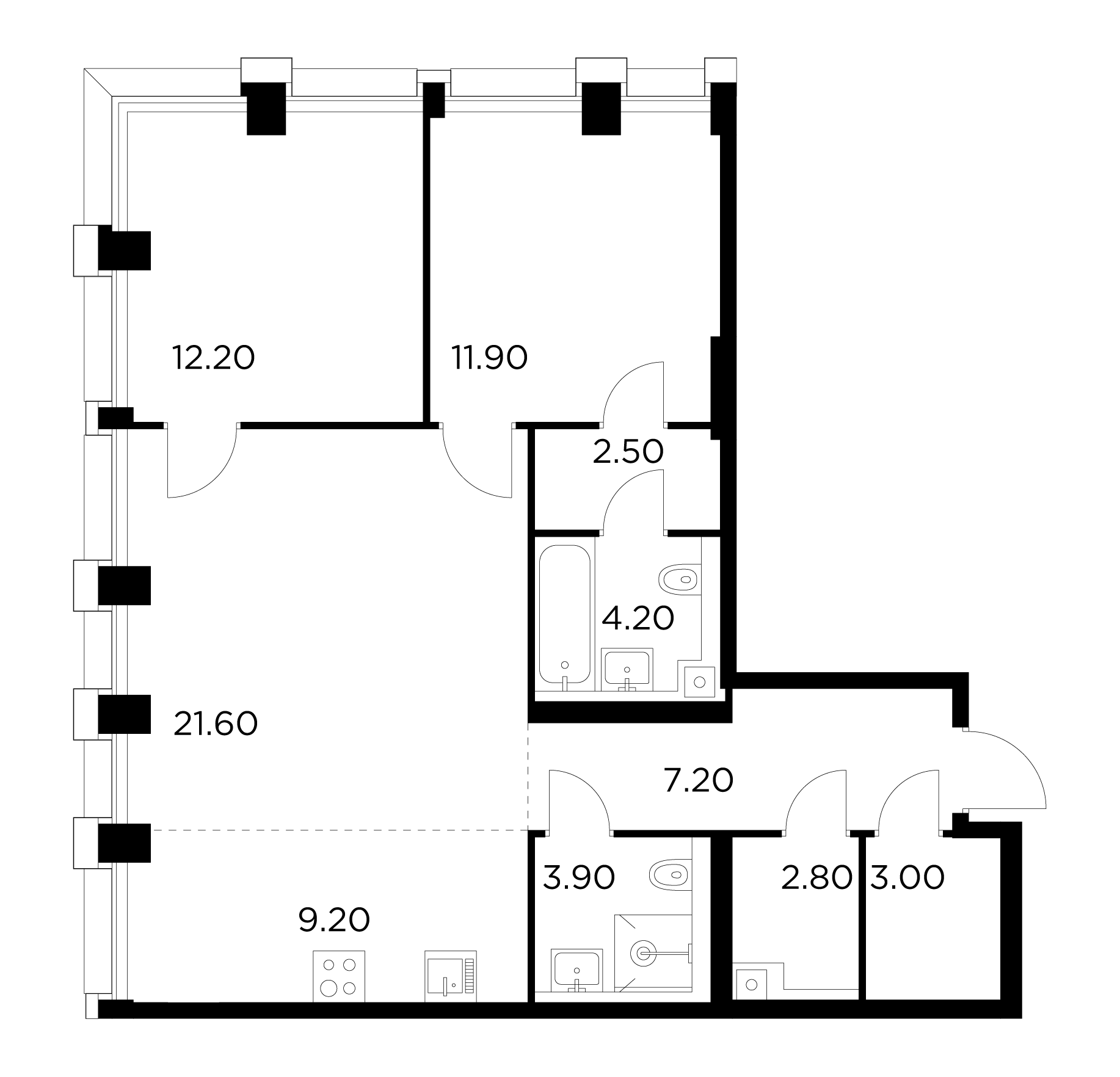 3 комн. квартира, 78.5 м², 19 этаж 