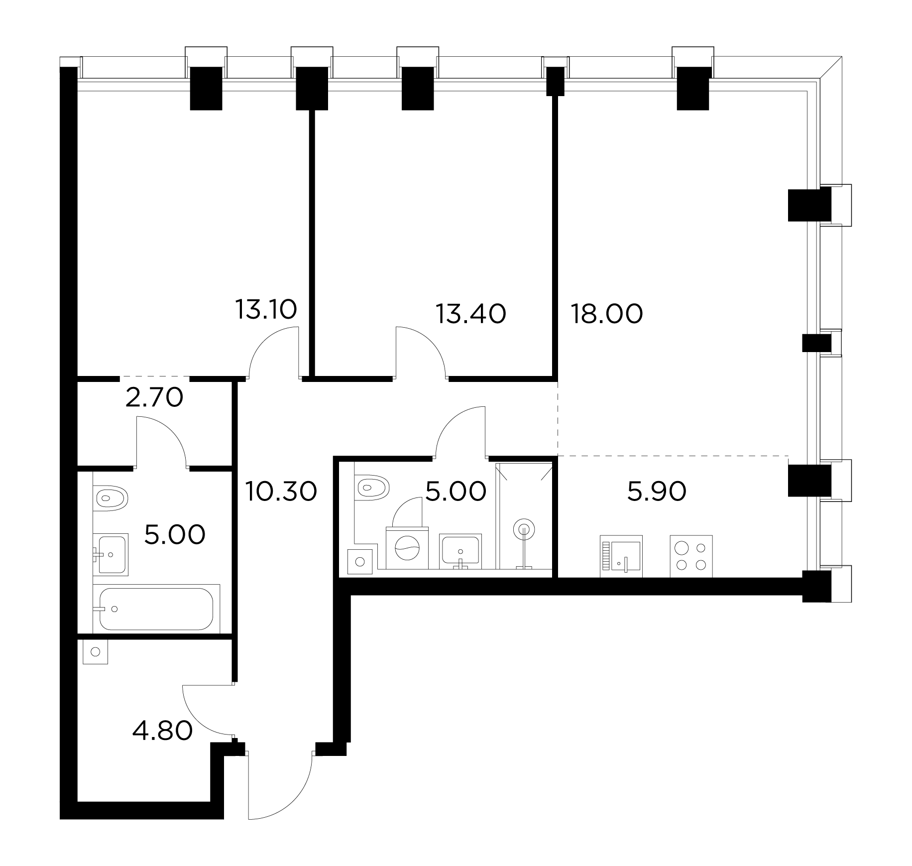 3 комн. квартира, 78.1 м², 21 этаж 