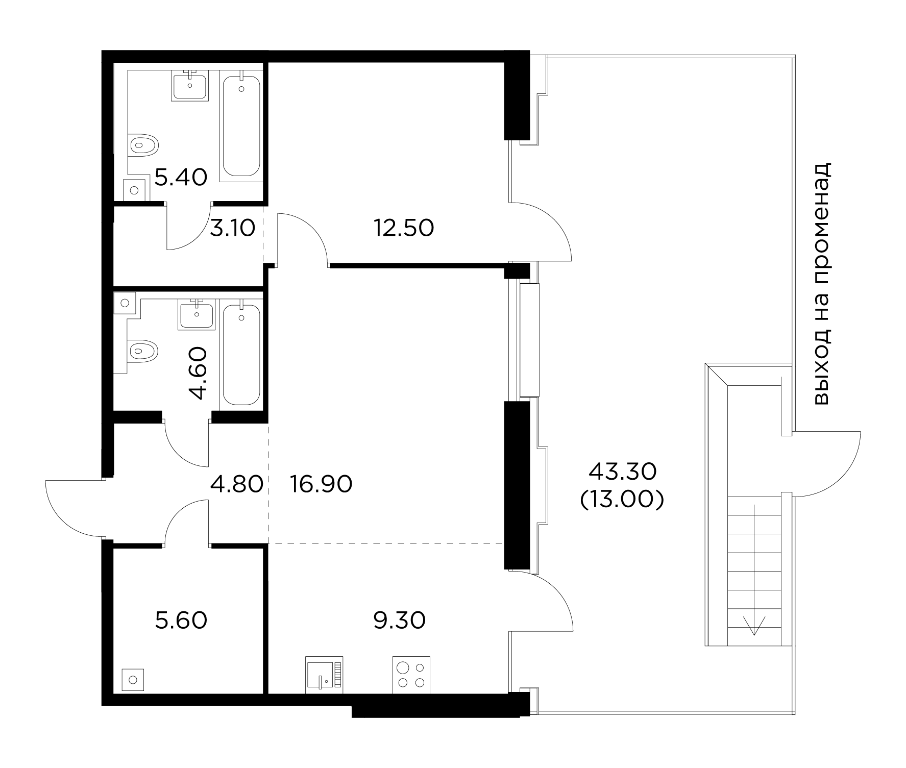 2 комн. квартира, 75.2 м², 2 этаж 