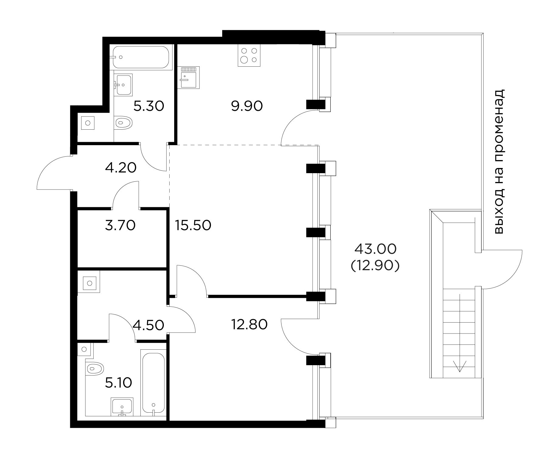 2 комн. квартира, 73.9 м², 2 этаж 