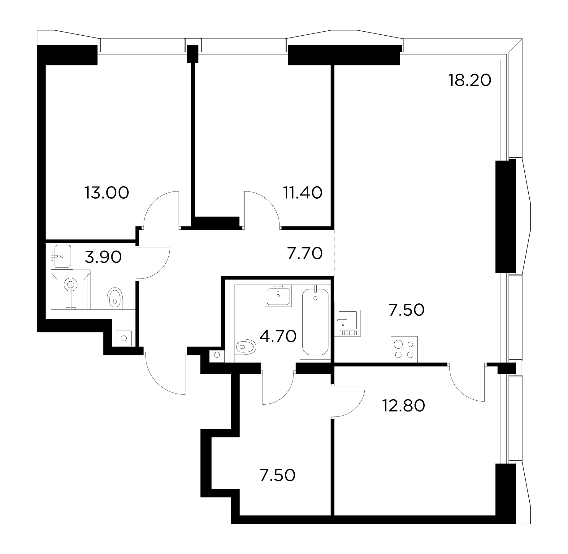 4 комн. квартира, 86.7 м², 30 этаж 
