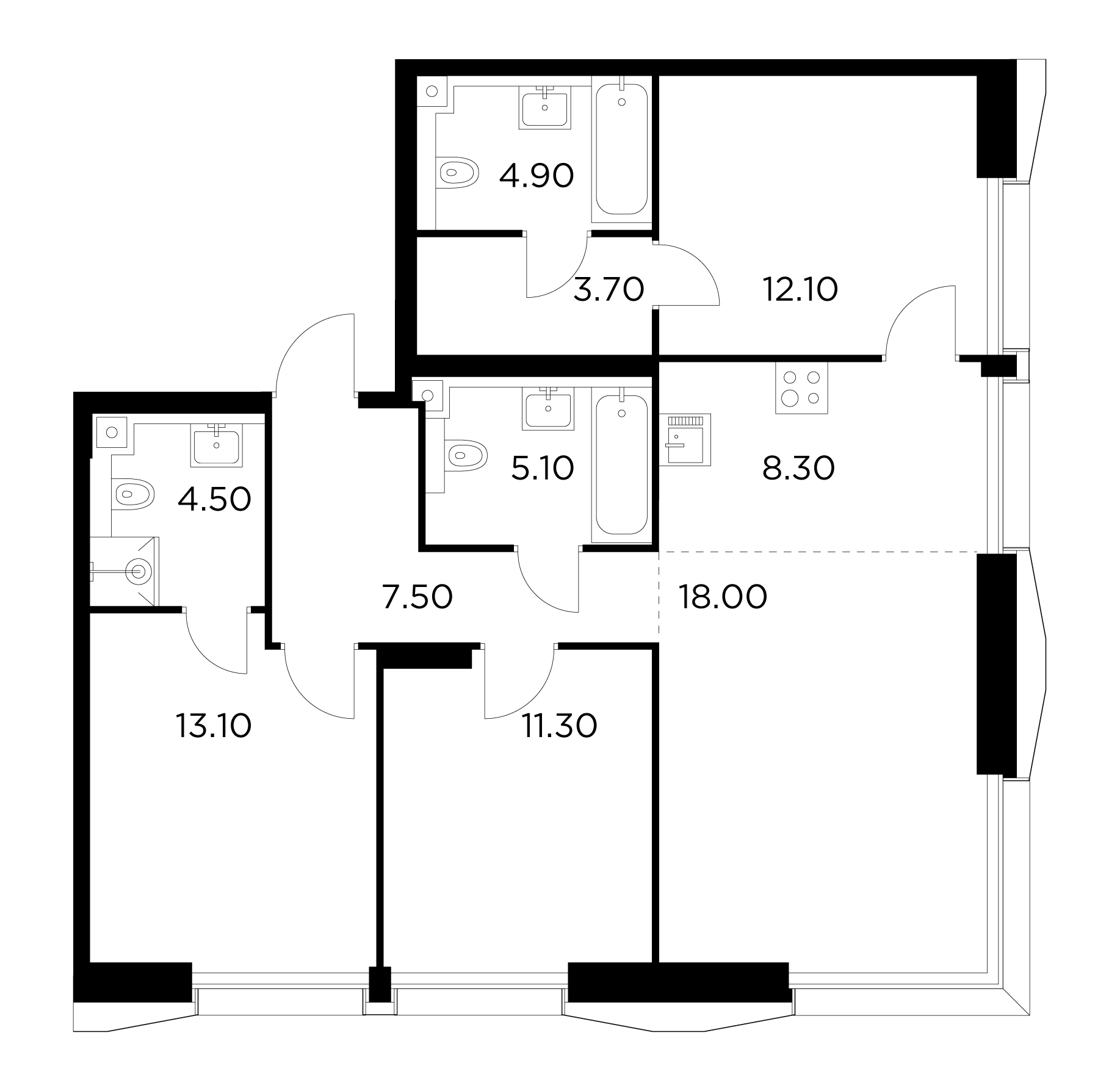 4 комн. квартира, 88.5 м², 29 этаж 