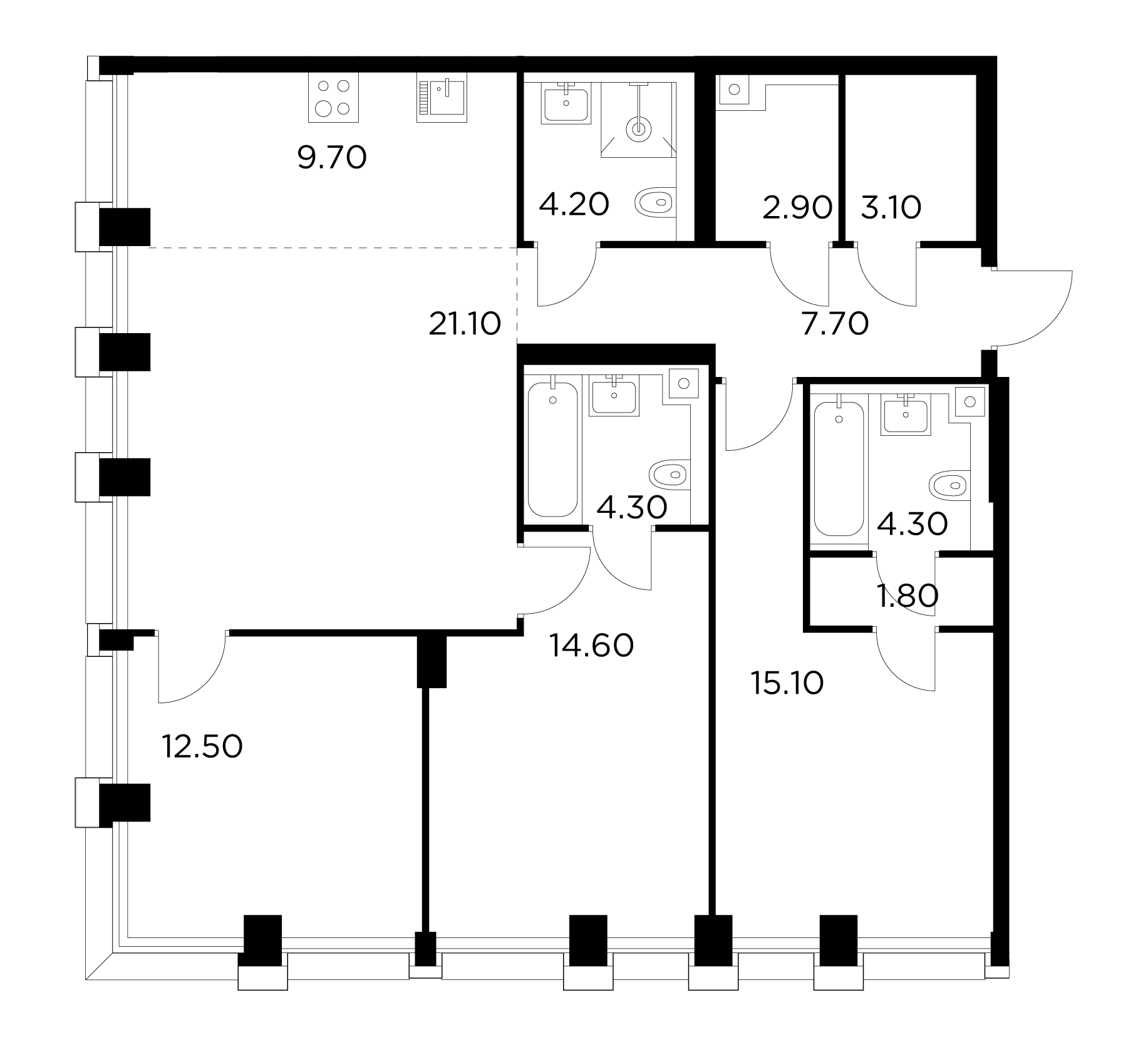4 комн. квартира, 101.3 м², 29 этаж 