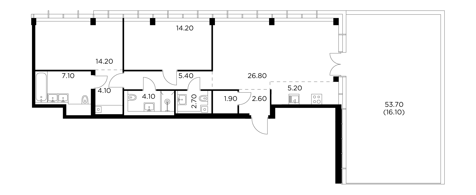 3 комн. квартира, 104.4 м², 35 этаж 