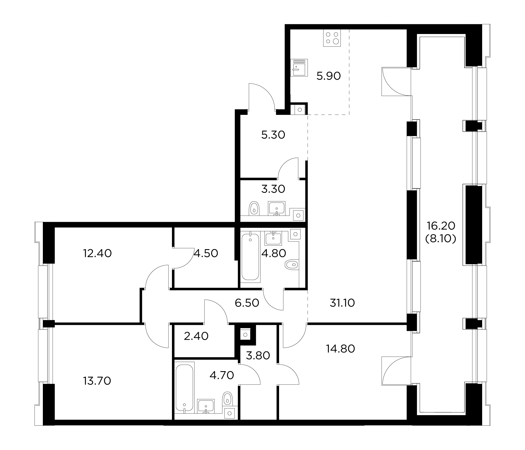 4 комн. квартира, 123.9 м², 12 этаж 