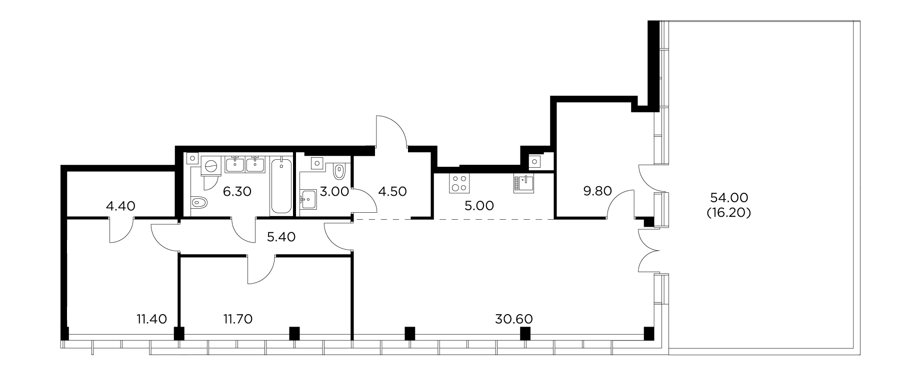 3 комн. квартира, 108.3 м², 32 этаж 