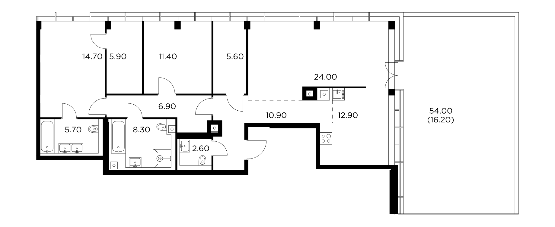 3 комн. квартира, 125.1 м², 32 этаж 