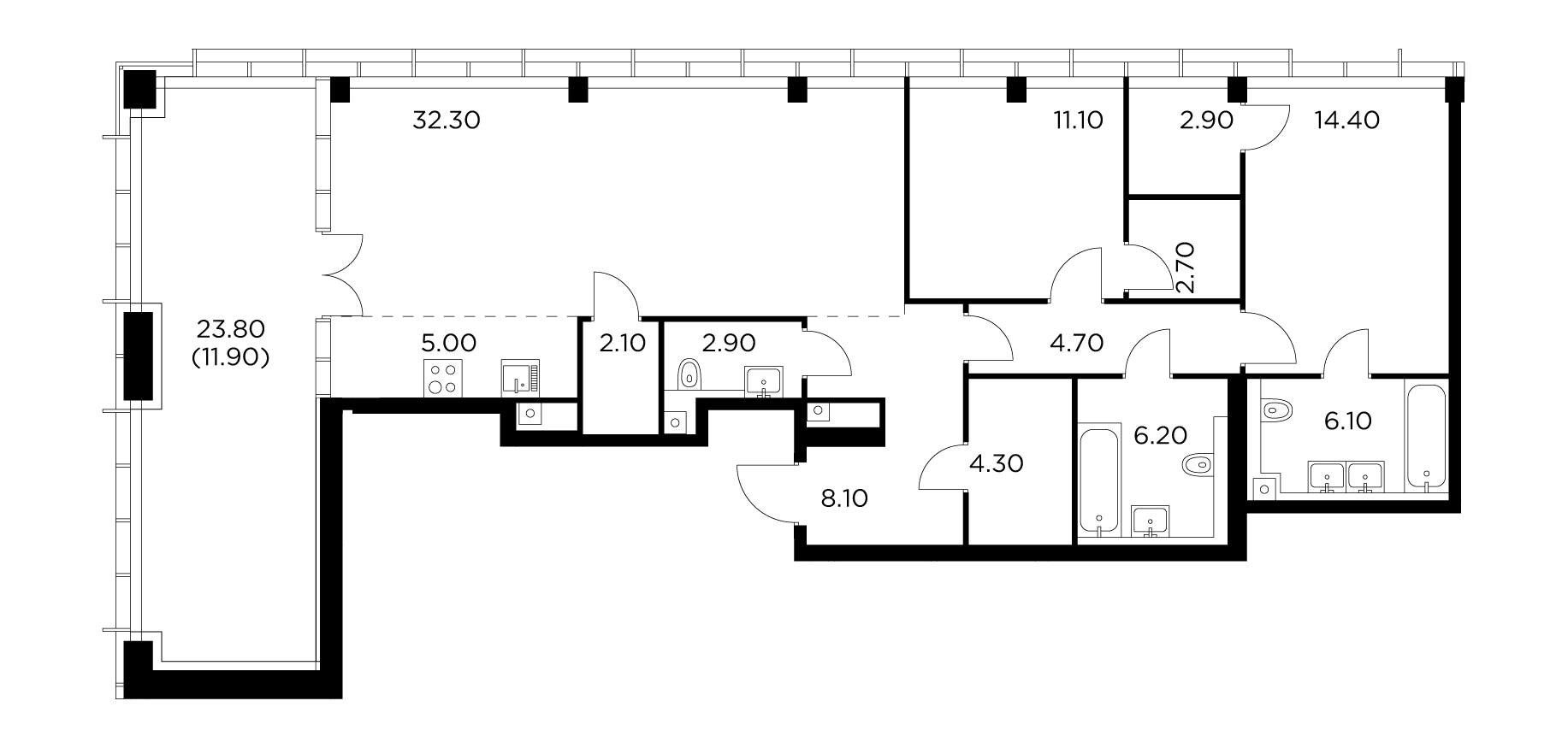 3 комн. квартира, 114.7 м², 33 этаж 