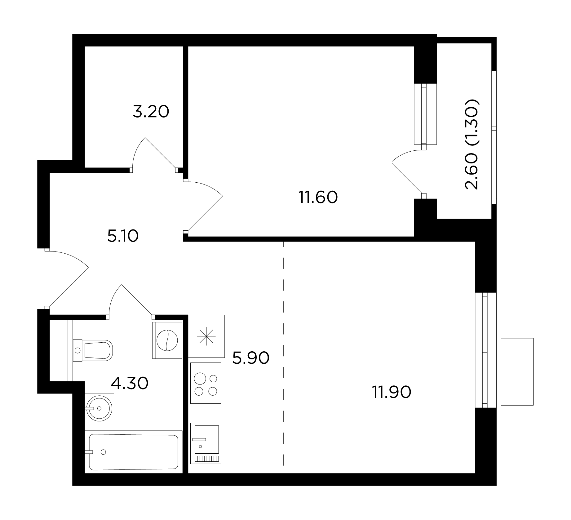 2 комн. квартира, 43.5 м², 17 этаж 