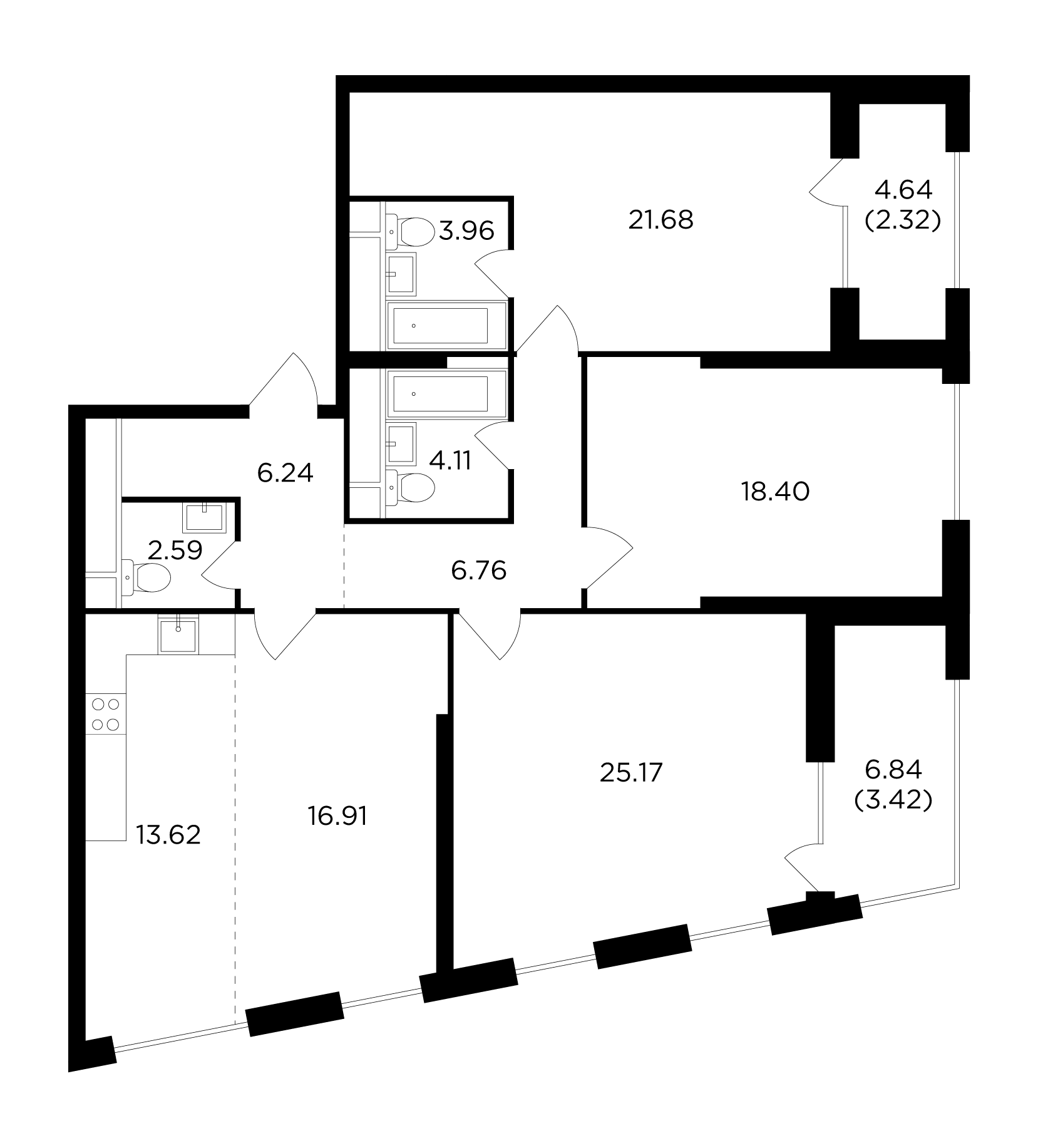 3 комн. квартира, 123.4 м², 28 этаж 