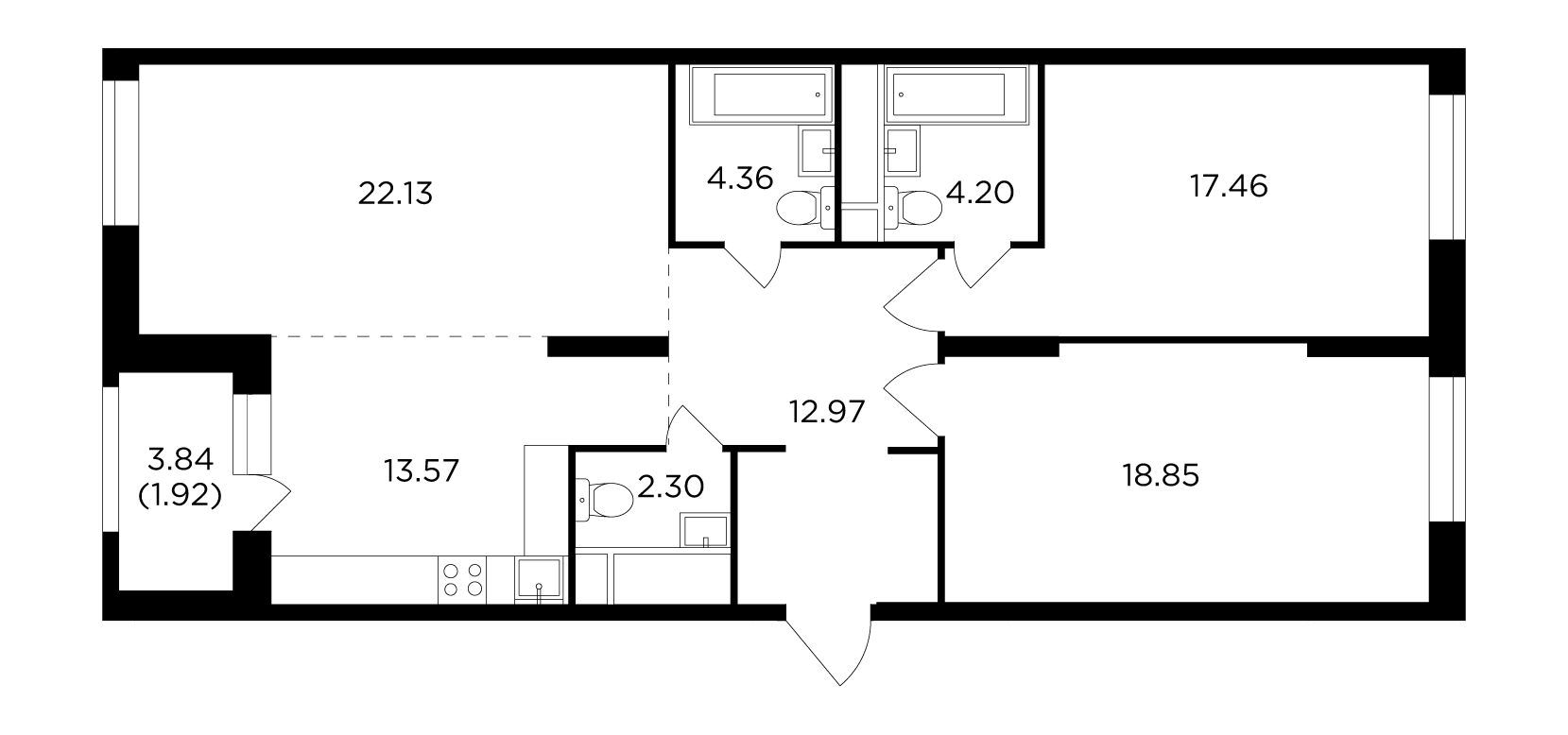 3 комн. квартира, 97.8 м², 28 этаж 