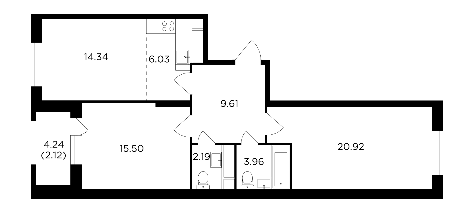 2 комн. квартира, 74.4 м², 28 этаж 
