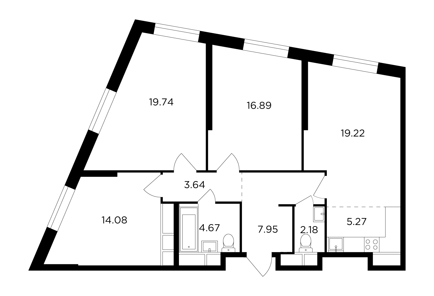 3 комн. квартира, 93.8 м², 28 этаж 