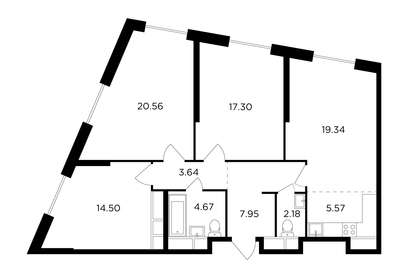 3 комн. квартира, 93.6 м², 29 этаж 