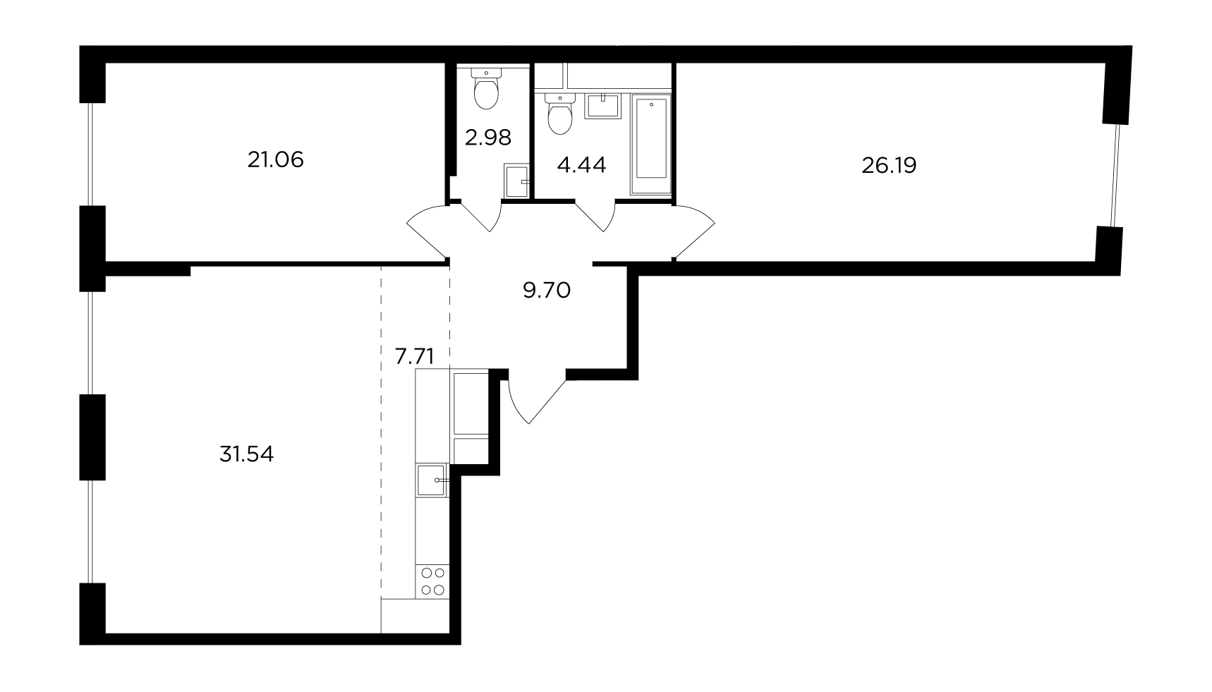3 комн. квартира, 102.1 м², 29 этаж 