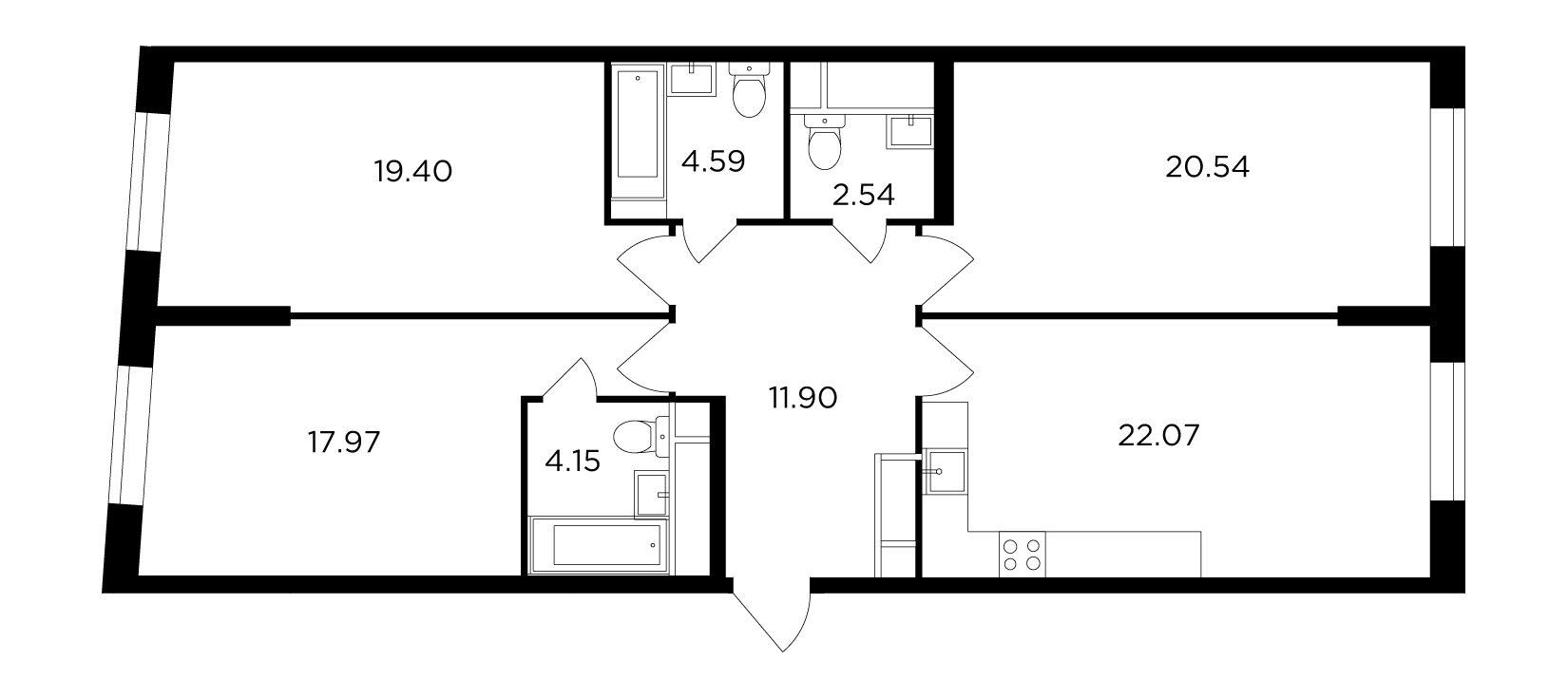 3 комн. квартира, 103.4 м², 28 этаж 