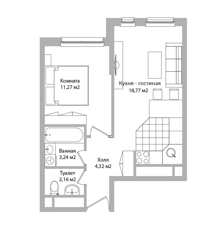 1 комн. квартира, 39.8 м², 4 этаж 