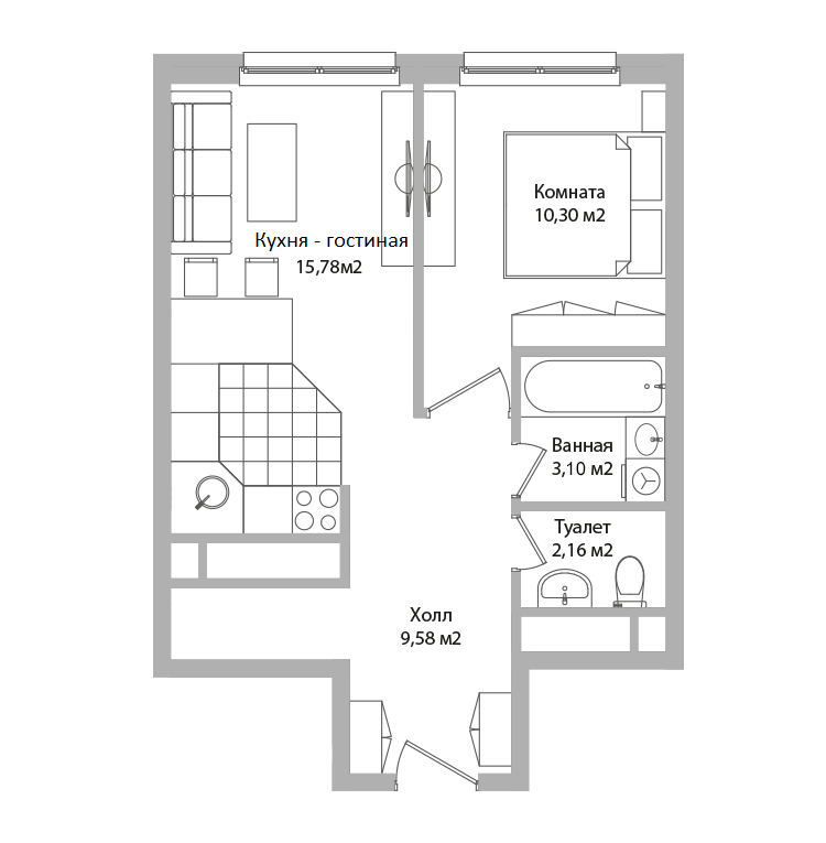 1 комн. квартира, 40.9 м², 5 этаж 