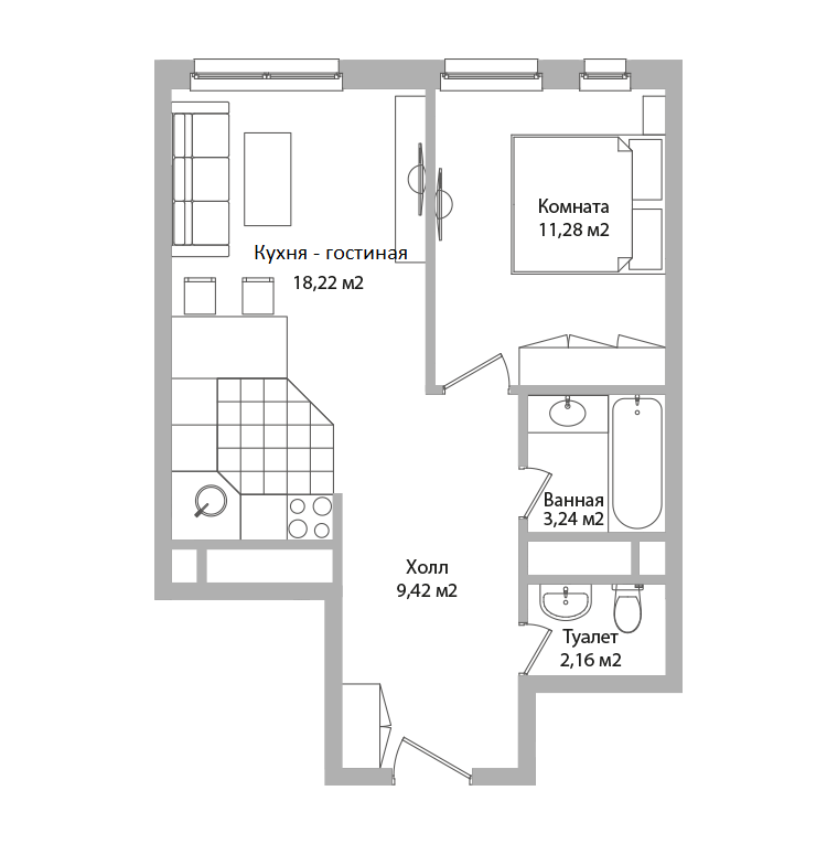 1 комн. квартира, 44.3 м², 6 этаж 
