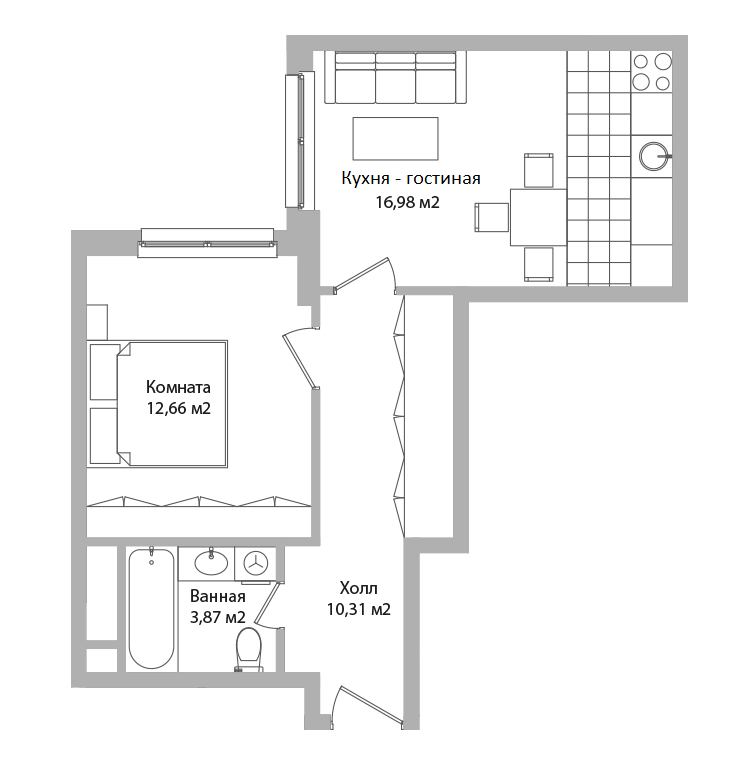 студия, 43.8 м², 16 этаж 