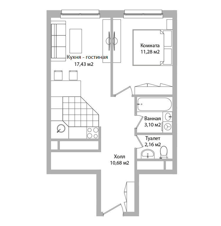 1 комн. квартира, 44.7 м², 4 этаж 