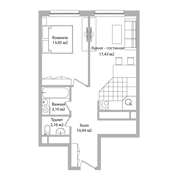 студия, 45.8 м², 16 этаж 