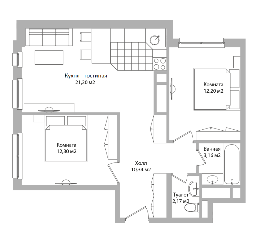 2 комн. квартира, 61.4 м², 9 этаж 