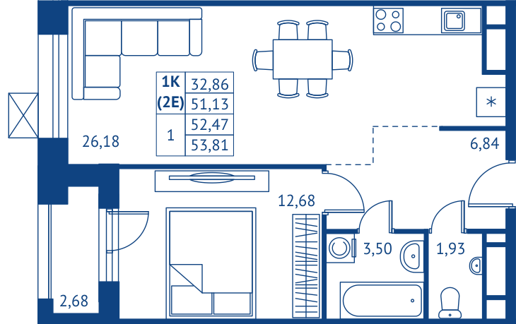 1 комн. квартира, 51.1 м², 12 этаж 