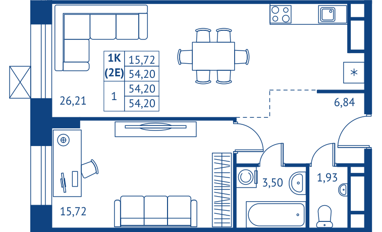 1 комн. квартира, 54.2 м², 4 этаж 