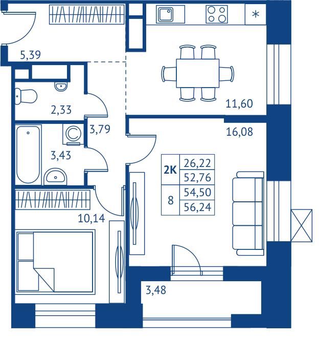 2 комн. квартира, 52.8 м², 4 этаж 