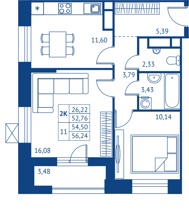2 комн. квартира, 52.8 м², 9 этаж 