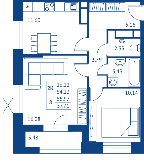 2 комн. квартира, 54.2 м², 16 этаж 