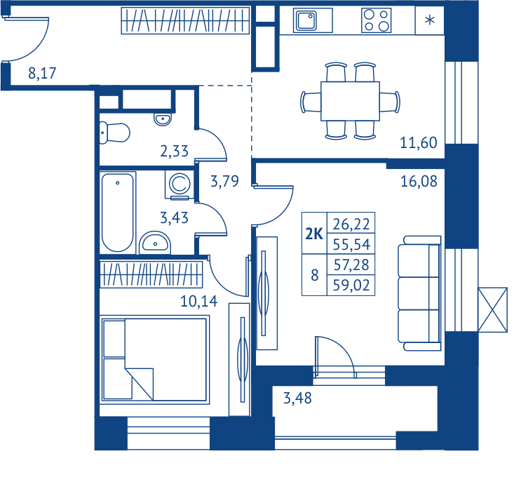 2 комн. квартира, 55.5 м², 11 этаж 