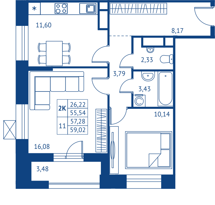 2 комн. квартира, 55.5 м², 13 этаж 