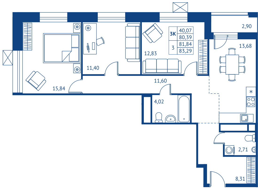 3 комн. квартира, 80.4 м², 2 этаж 