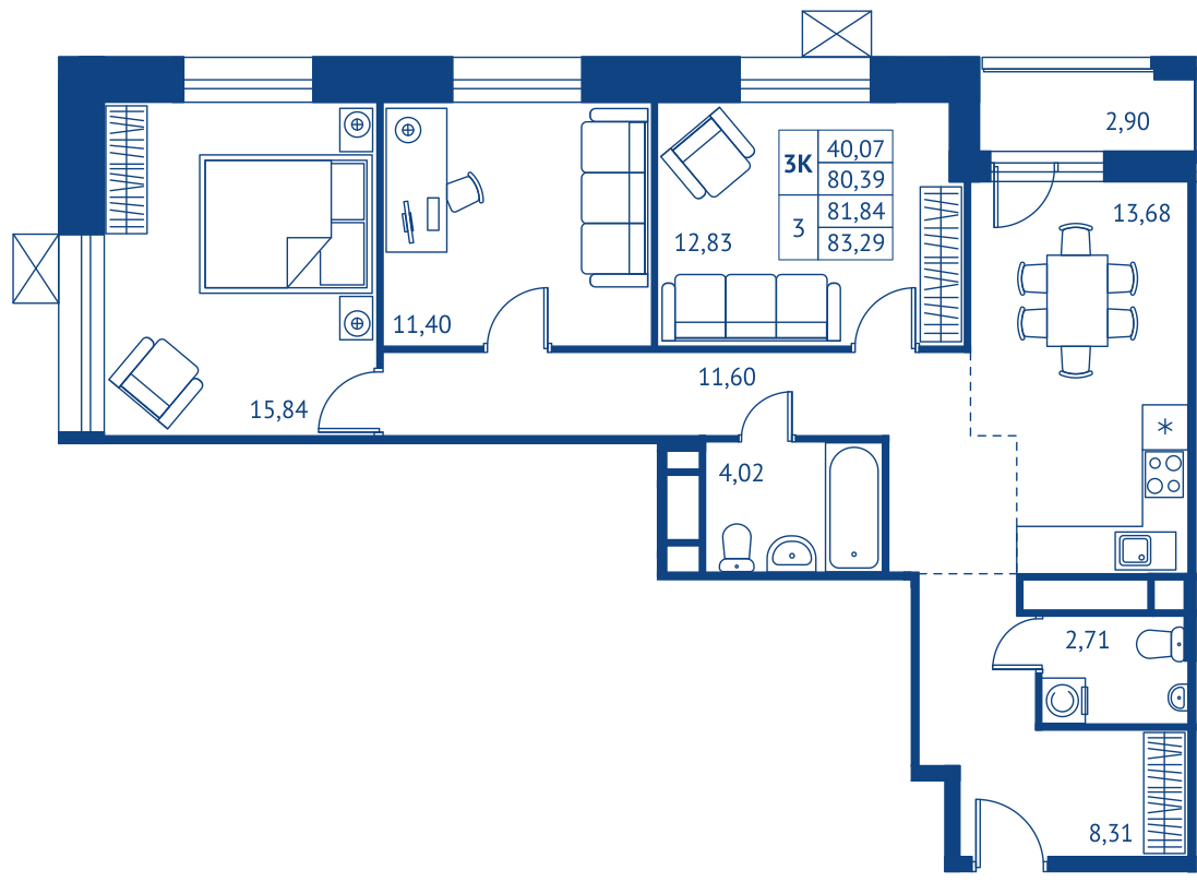 3 комн. квартира, 80.4 м², 3 этаж 