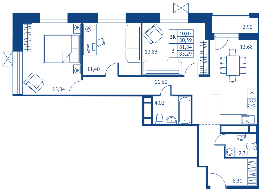 3 комн. квартира, 80.4 м², 11 этаж 
